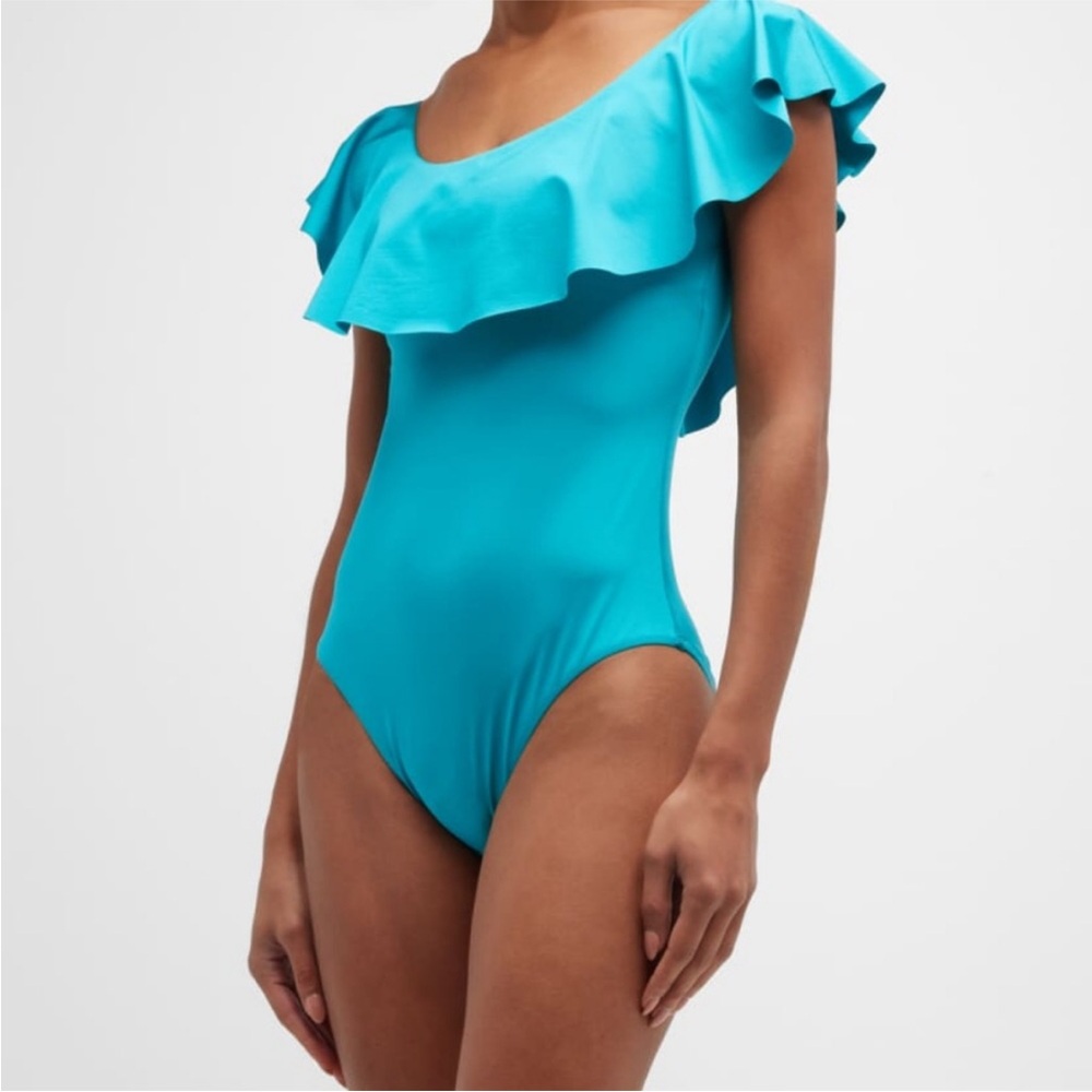 Trina Turk teal blue off the shoulder ruffle swimsuit size 10